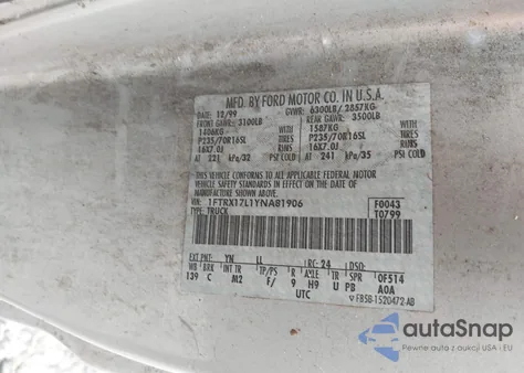 2000 Ford F-150 Lariat/Work Series/Xl/Xlt из США, поврежденный, VIN 1FTRX17L1YNA81906